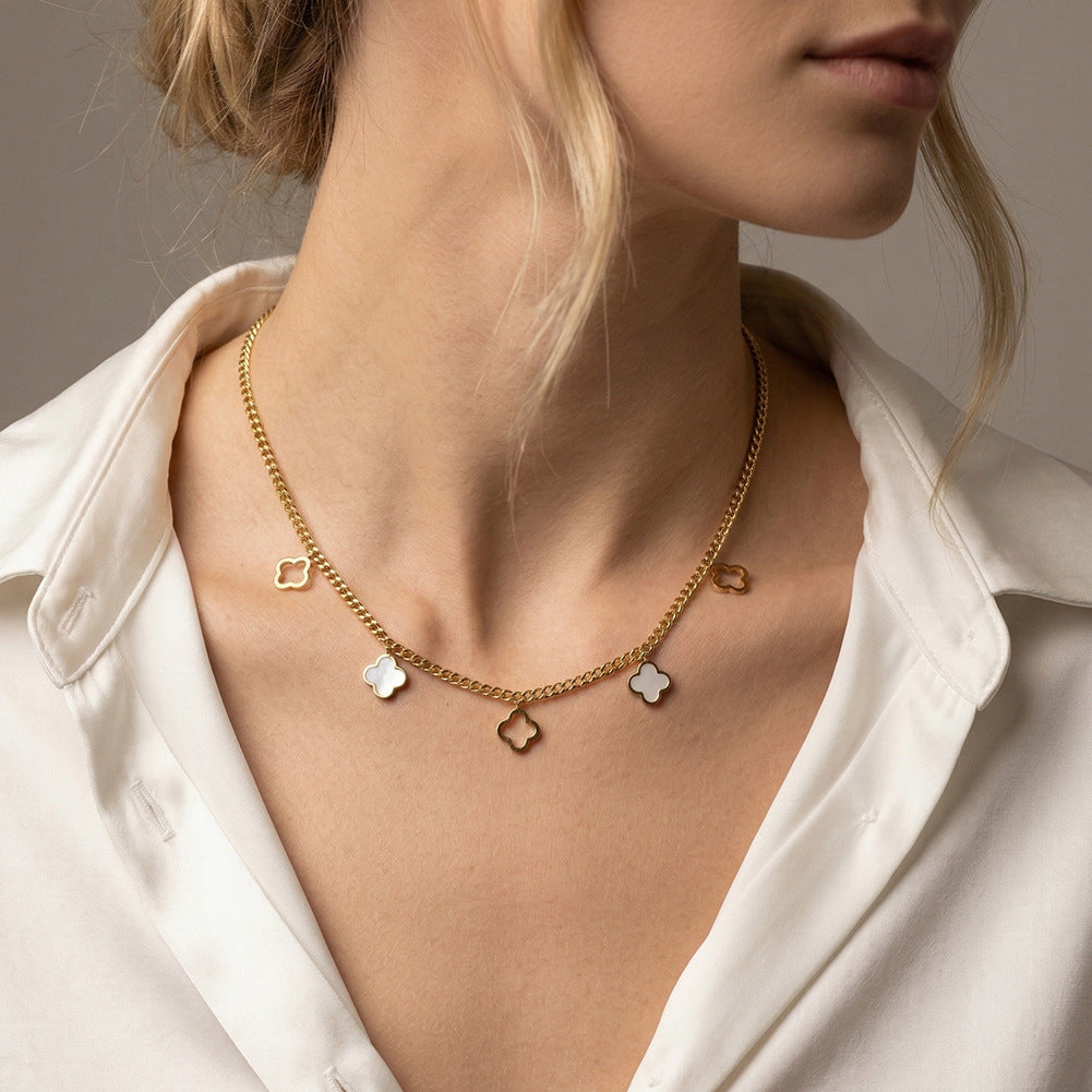 Gold Stainless Steel Clover Choker Necklace, Hollow & White Shell Inlaid Four Leaf Clover Charms, Cuban Link Chain