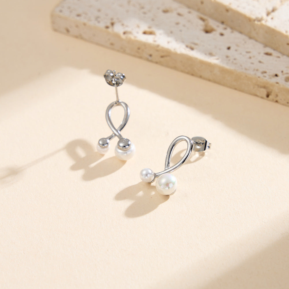 Silver Stainless Steel Twisted Ribbon Stud Earrings with Two Round Pearls
