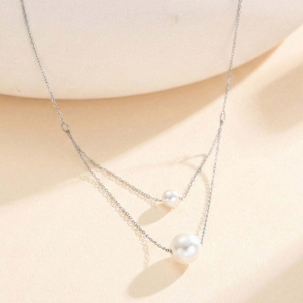 Gold Stainless Steel Double Layer Rolo Chain Necklace, Two Size Graduated Floating White Pearl Drop Pendants