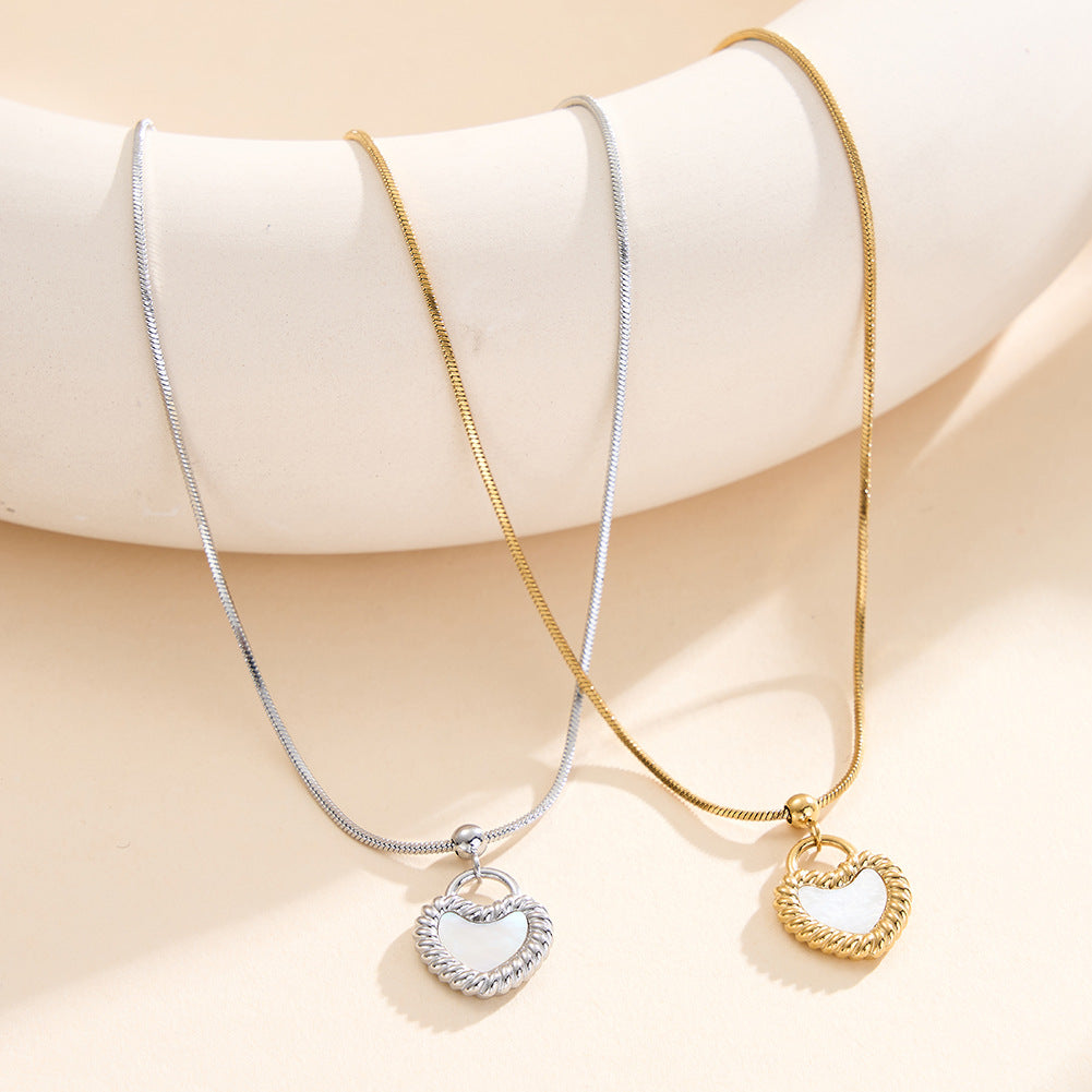 Silver Stainless Steel Snake Chain Necklace, Twisted Rope Edge Heart Lock Pendant with White Mother of Pearl Inlay