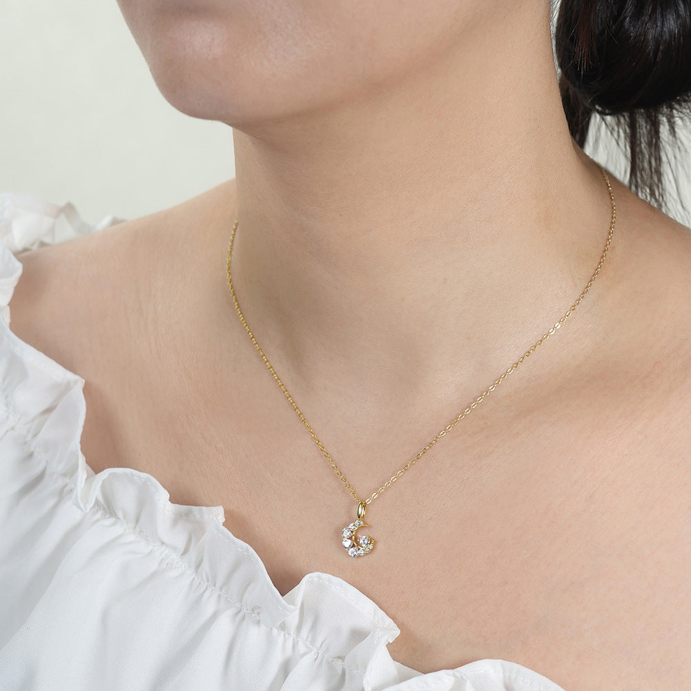 Gold Stainless Steel Crescent Moon Pendant Necklace, Mixed Size Paved Clear CZ Moon Charm Necklace