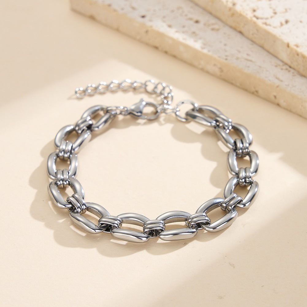 Gold Plated Stainless Steel Large Oval Link Bracelet, Thick Interlocked Elongated Chain Links, Adjustable