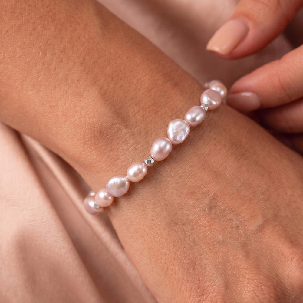 Stretch Beaded Bracelet, Pastel Pink Lavender Baroque Teardrop Freshwater Pearls with Faceted Silver Metal Accent Beads, Soft Iridescent Pearl Shine