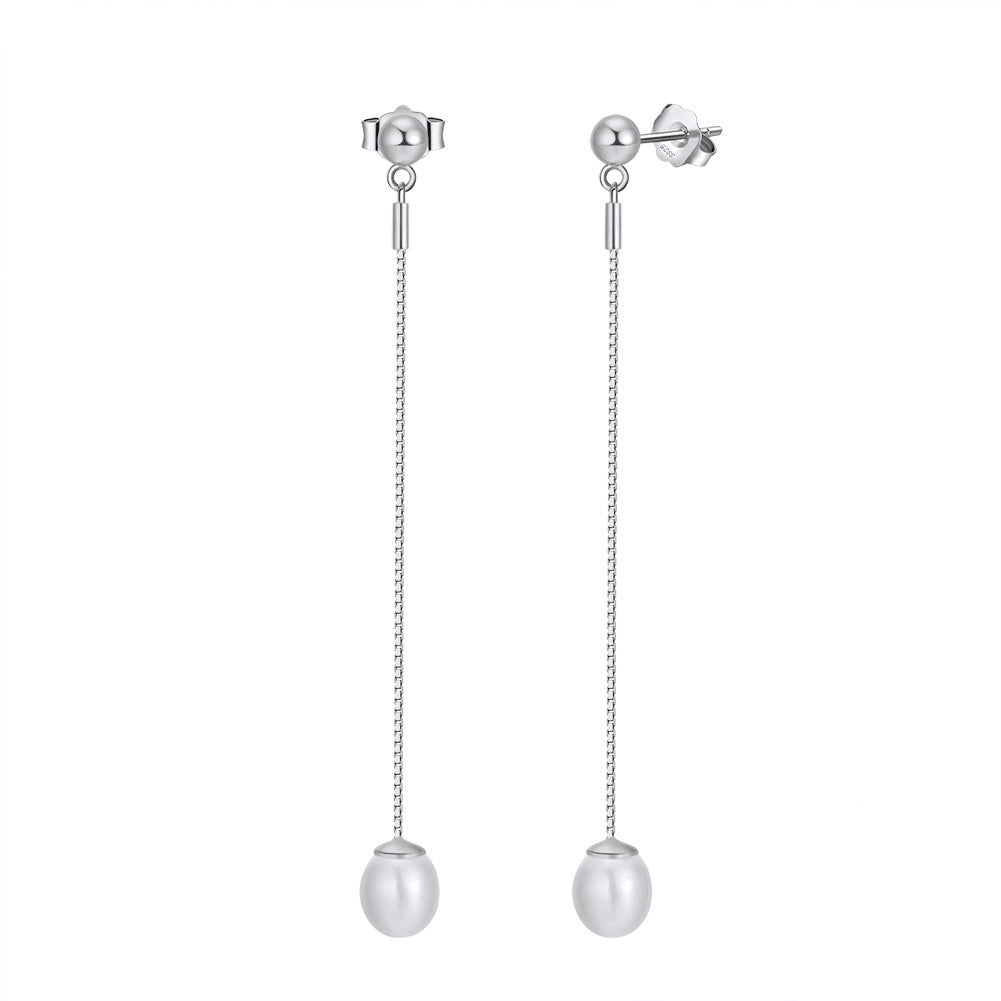 S925 Silver Single Teardrop Pearl Long Chain Threader Earrings, Silky Luster Teardrop Freshwater Pearl Dangling on Slim Adjustable Box Chain