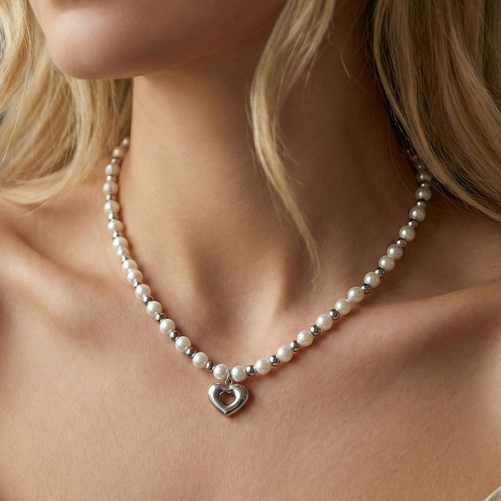 Silver Stainless Steel White Pearl Station Choker Necklace, Hollow Double Heart Pendant with Tiny Metal Bead Accents, Adjustable Chain