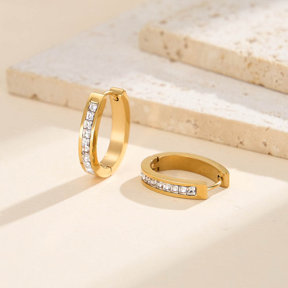 Gold Plated Stainless Steel Rectangular Cut CZ Huggie Hoop Earrings