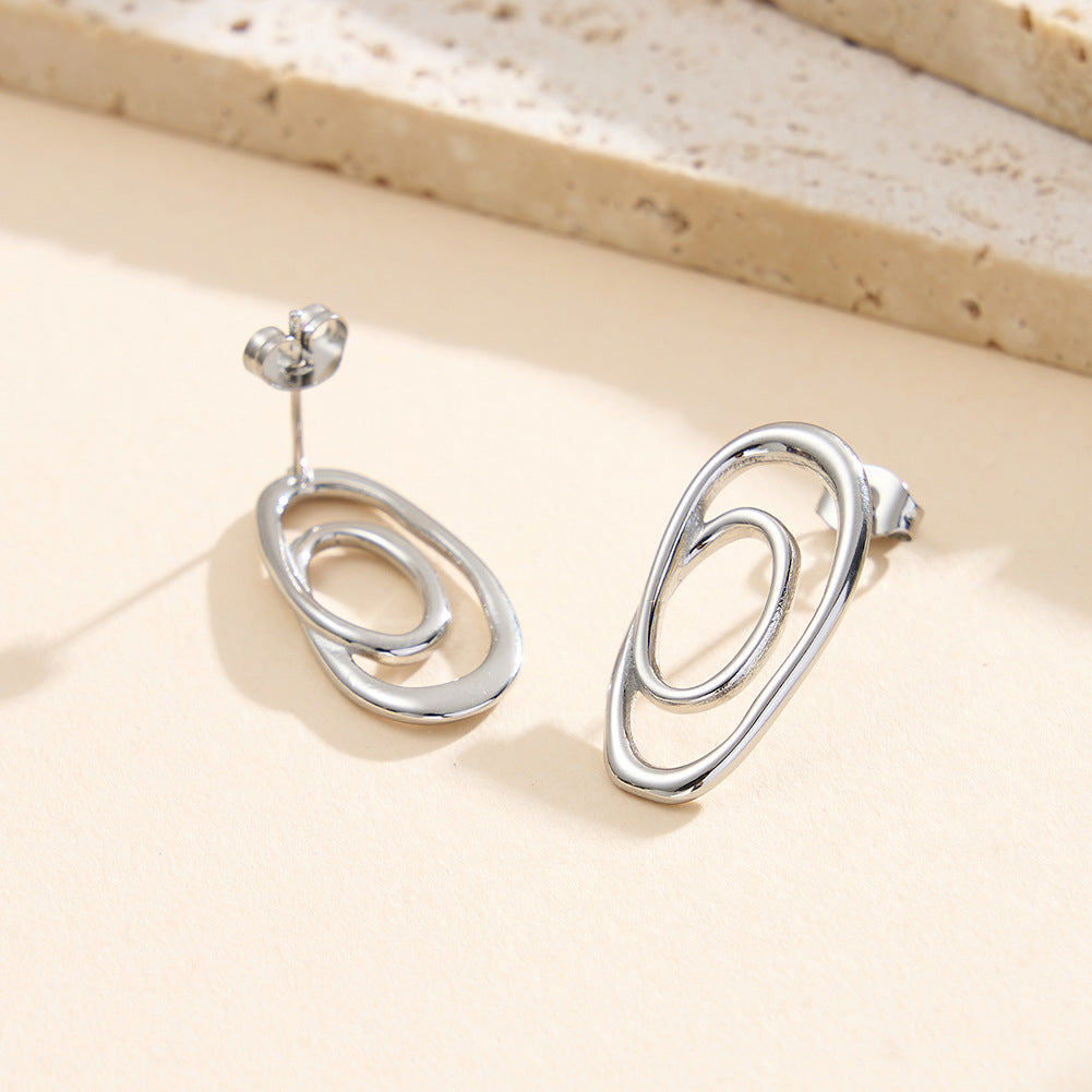 Gold Plated Stainless Steel Double Interlocking Irregular Oval Hoop Stud Earrings