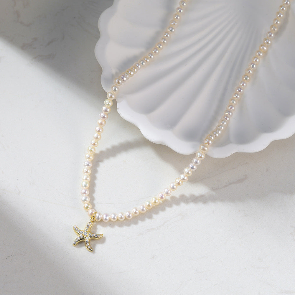 Mini Rice Freshwater Pearl Choker Necklace, Lustrous White Tiny Pearls with Paved Cubic Zirconia Starfish Pendant S925 Silver Chain