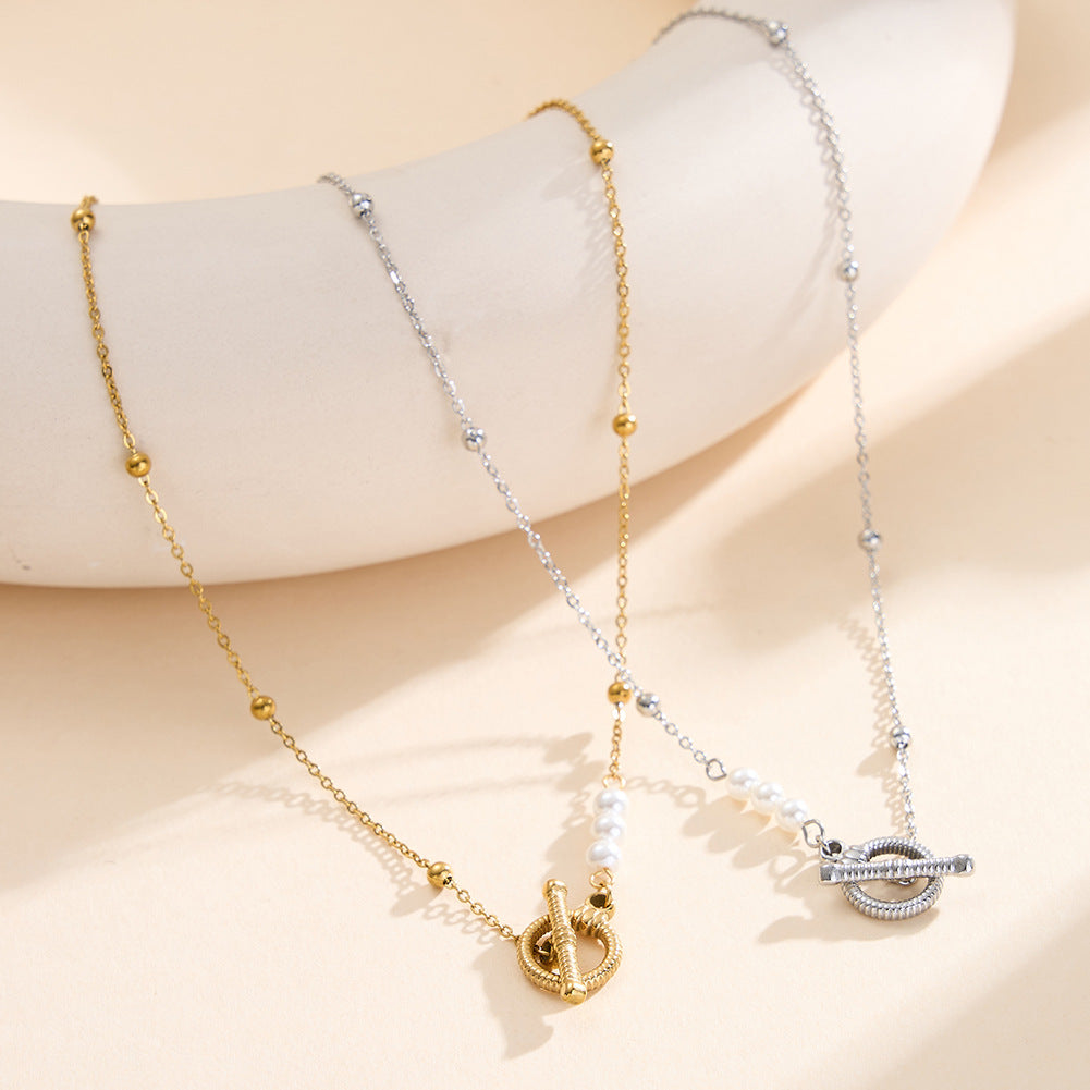 Gold Stainless Steel Beaded Rolo Chain Necklace with White Pearl Accents, Textured Toggle OT Clasp Pendant