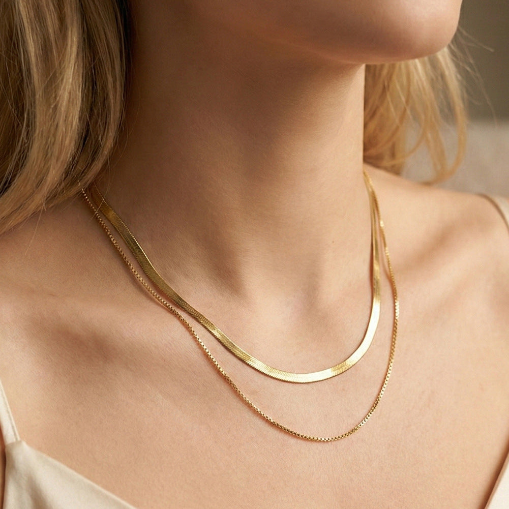 Gold Stainless Steel Layered Necklace, Double Stacked Herringbone & Box Chain Two Layer Choker Necklace