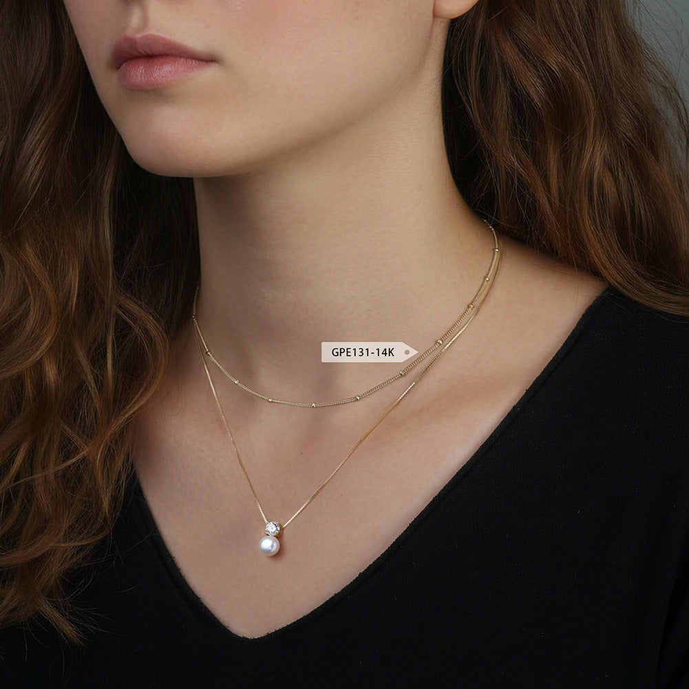 Single Large Round Lustrous Freshwater Pearl Pendant Necklace, White Cultured Pearl with Round Cubic Zirconia Top S925 Silver Box Chain