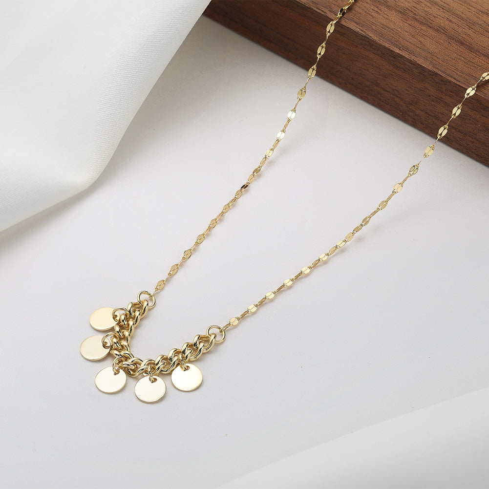 Gold Stainless Steel Disc Charm Choker Necklace, Polished Round Coin Pendants Mixed Sparkle Link Chain