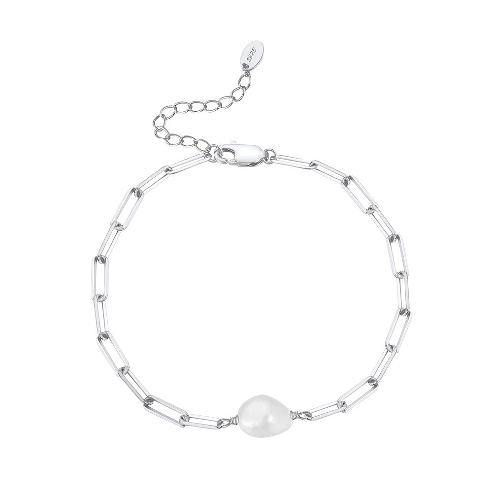 S925 Sterling Silver Crushed Chip Bead Bracelet, Large Teardrop Baroque Freshwater Pearl Centerpiece, Irregular Silver Chips, Adjustable Extension Tag