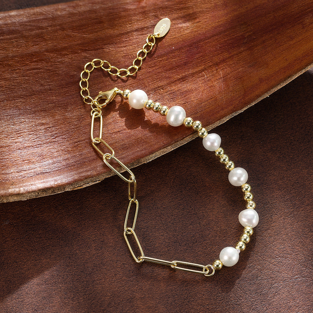 S925 Sterling Silver Half Paperclip Half Ball Chain Bracelet, Round Lustrous White Freshwater Pearls, Adjustable Extension Chain