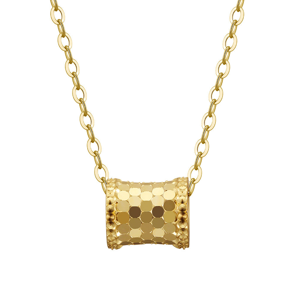 Silver Stainless Steel Honeycomb Textured Barrel Pendant Necklace, Large Hexagon Pattern Cylinder Bead Oval Link Chain