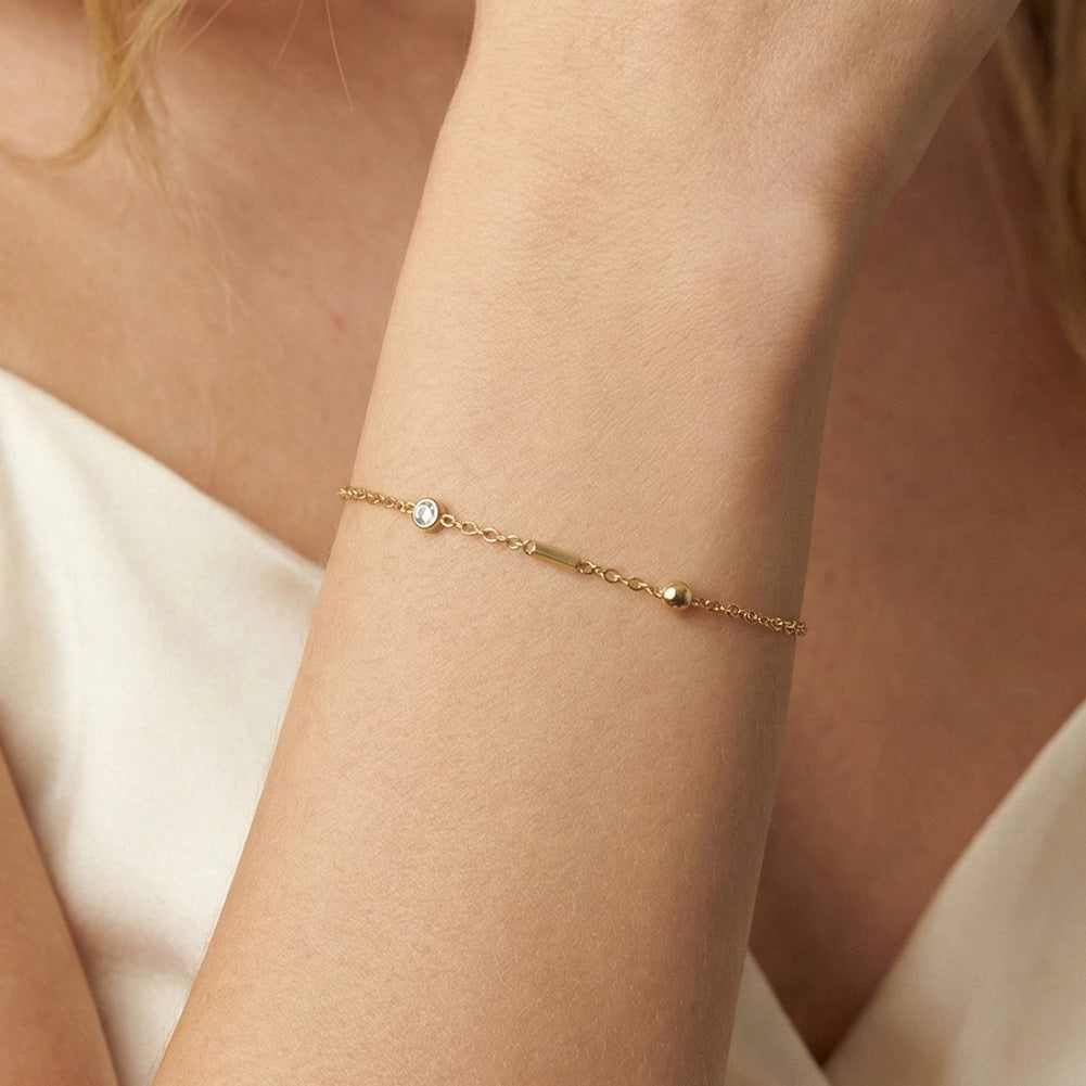 Gold Plated Stainless Steel Delicate Chain Bracelet, Tiny Tube Beads & 2 Round CZ Stones, Adjustable Extension Chain