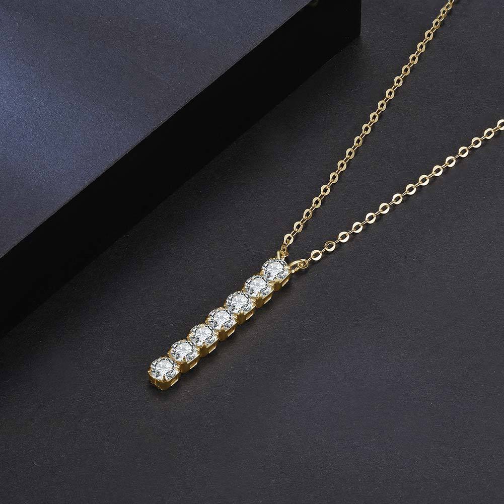 Gold Stainless Steel Vertical Linear CZ Drop Necklace, 7 Pcs Round Cubic Zirconia Bar Pendant Cable Chain