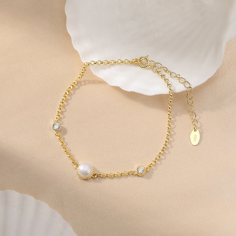 S925 Sterling Silver Dainty Chain Bracelet, Central Round Freshwater Pearl with CZ Halo Side Accents, Adjustable Extension Chain