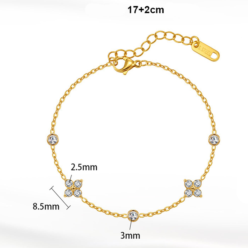 Stainless Steel Dainty Four Leaf Clover CZ Bracelet, Thin Cable Chain with Round Zirconia Accent Bracelet