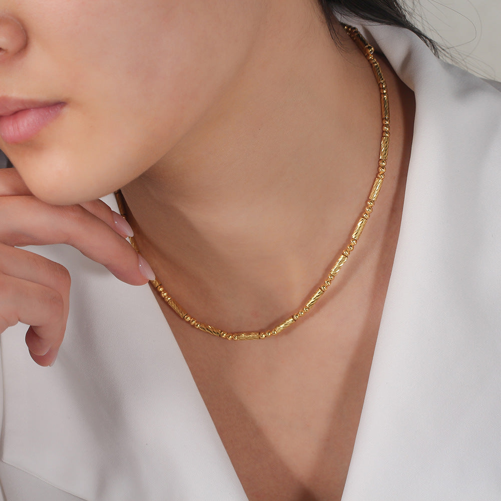 Gold Stainless Steel Beaded Y Lariat Necklace, Small Tube & Round Bead Adjustable Drop Chain