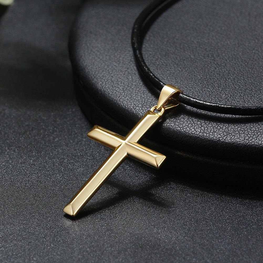 Gold Stainless Steel Polished Cross Pendant Necklace, 3D Grooved Cross Charm on Black Rubber Cord