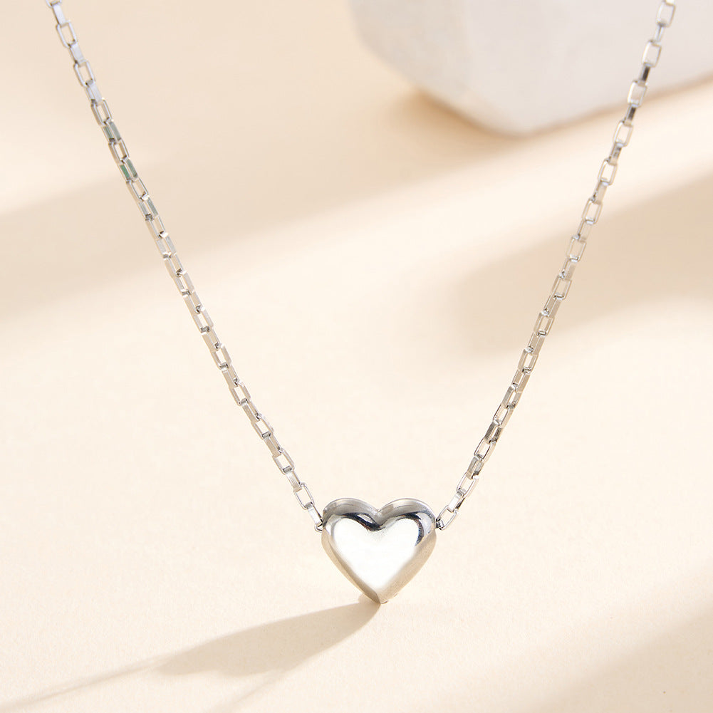 Gold Stainless Steel Puffy Heart Necklace, Polished 3D Solid Heart Charm on Box Link Chain