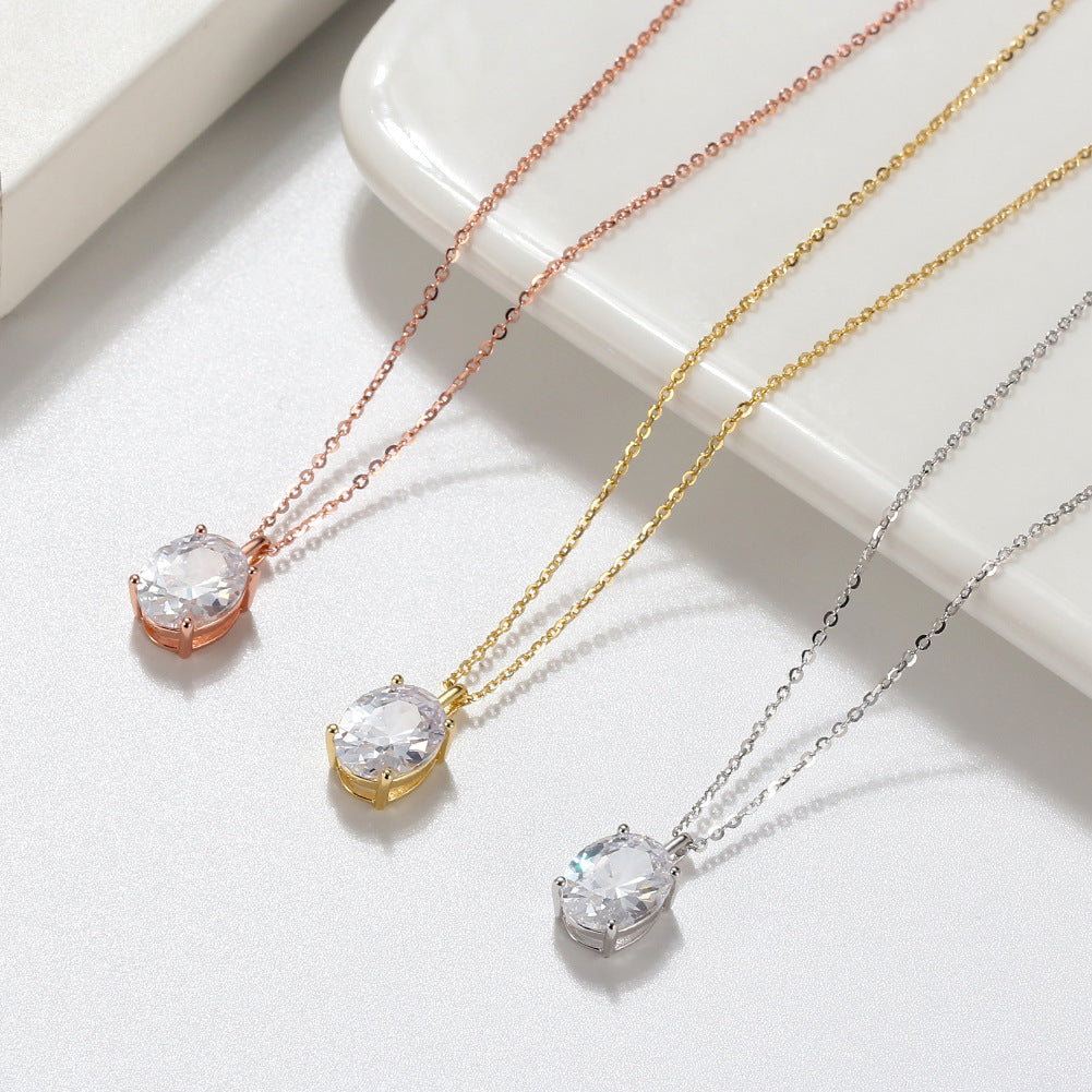 Gold Stainless Steel Oval Cut CZ Solitaire Pendant Necklace, Brilliant Oval Clear Cubic Zirconia 4-Prong Setting Thin Chain