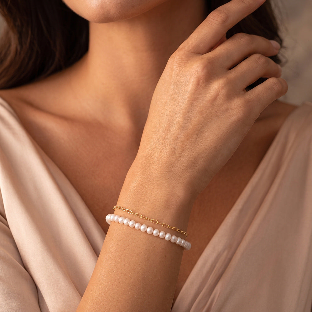 S925 Sterling Silver Double Layer Bracelet, Dainty Pastel Rice Freshwater Pearl Strand Paired with Paperclip Chain, Adjustable Extension Chain