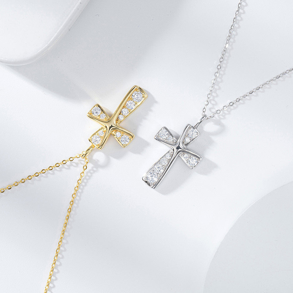 Gold Stainless Steel Polished Cross Pendant Necklace, Multi Round Clear CZ Inlaid Cross Charm Rolo Chain For Women