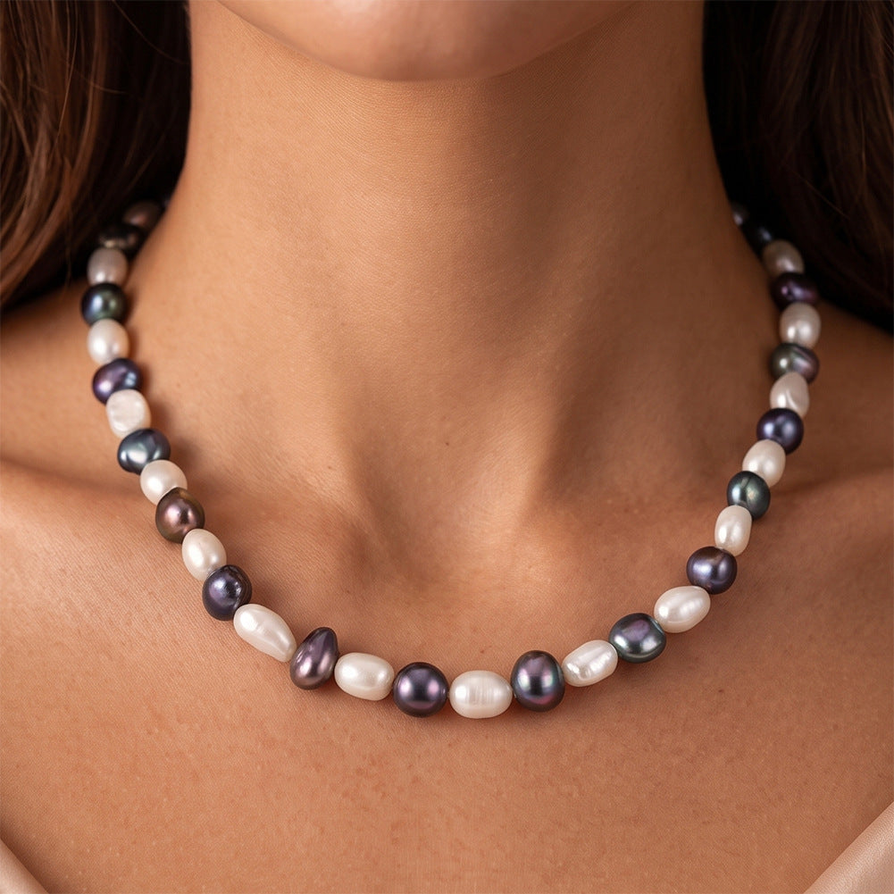 Mixed White & Peacock Baroque Freshwater Pearl Necklace, Multi-tone Irregular Lustrous Pearls Gold Plated S925 Chain