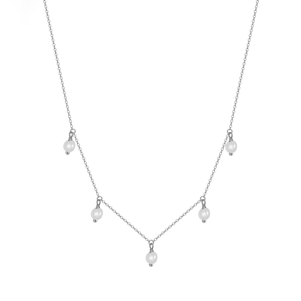 Gold Stainless Steel Dangling Imitation Pearl Necklace, 5pcs White Baroque Pearl Drop Charms On Delicate Cable Chain