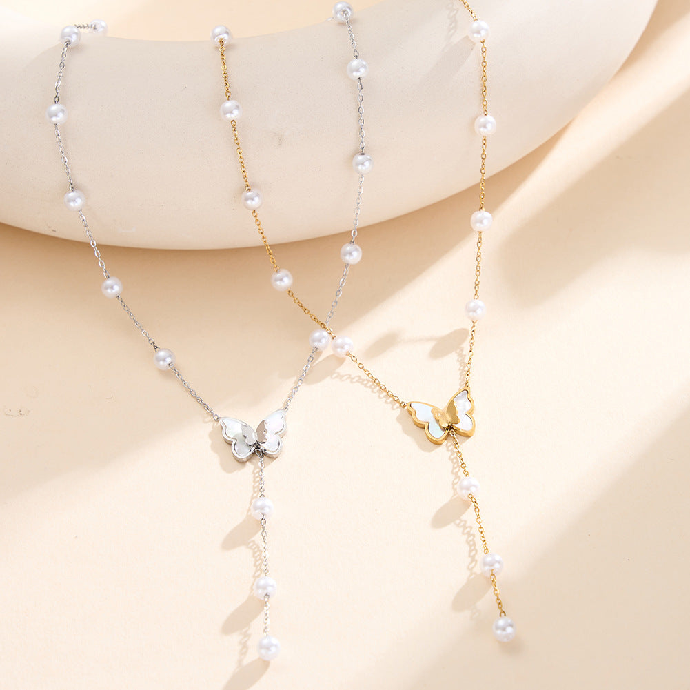 Silver Stainless Steel Y Drop Lariat Necklace, White Shell Inlay Butterfly Charm with Station White Pearl Beads