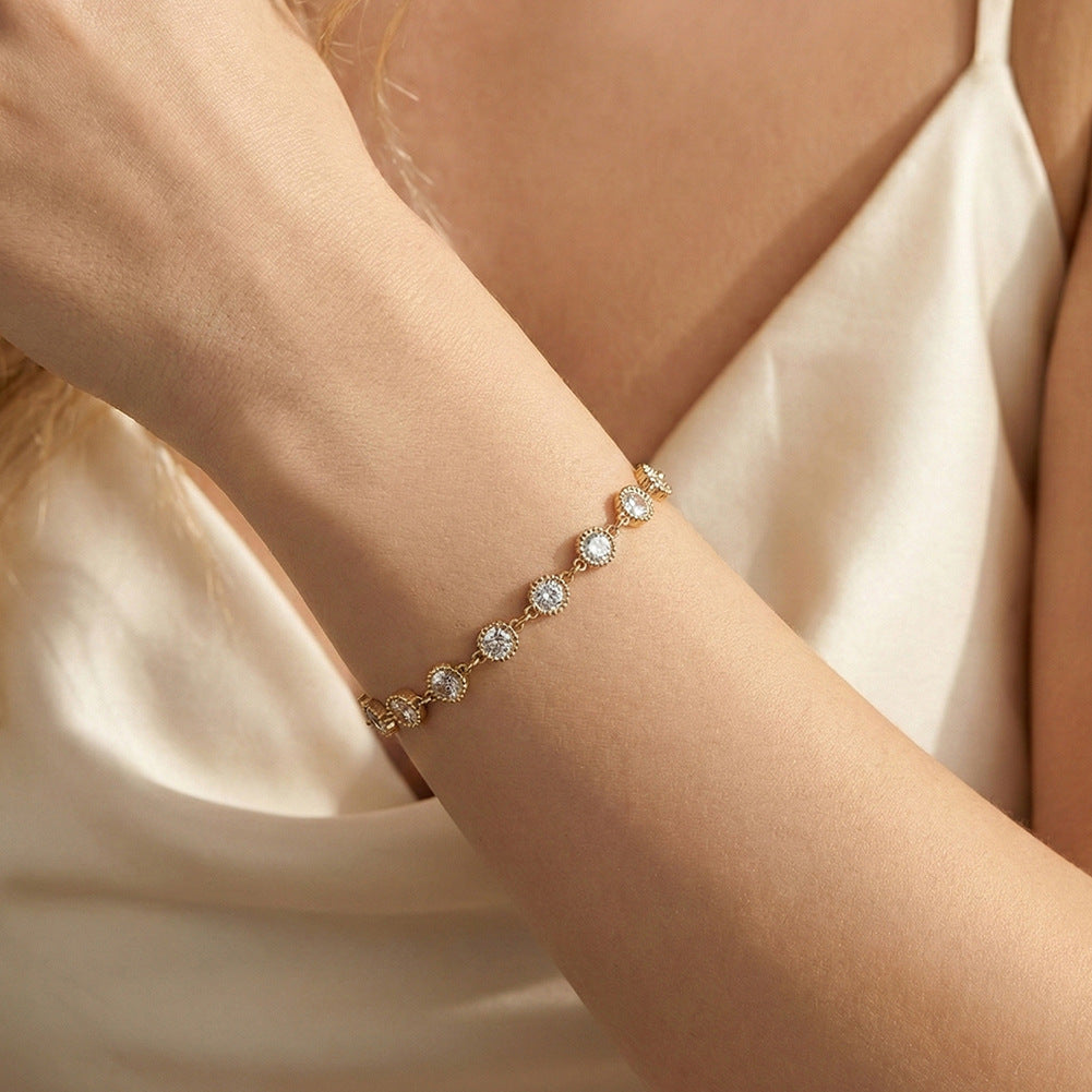 Gold Plated Stainless Steel Round Bezel CZ Bracelet, Milgrain Edge Cubic Zirconia Station Links, Adjustable Extension Chain