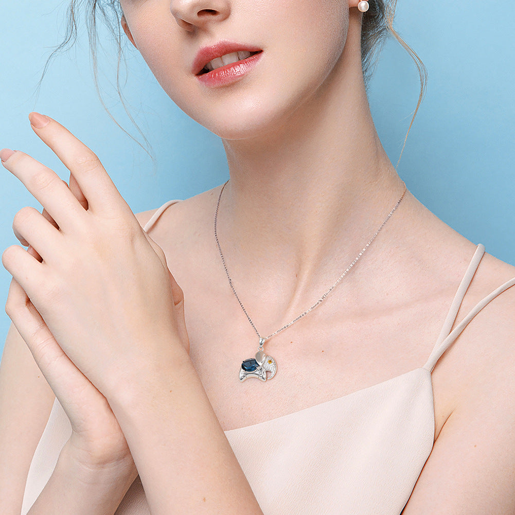 Silver Stainless Steel Elephant Pendant Necklace, Large Blue Round CZ & Micro Pave Clear Zircon Animal Charm
