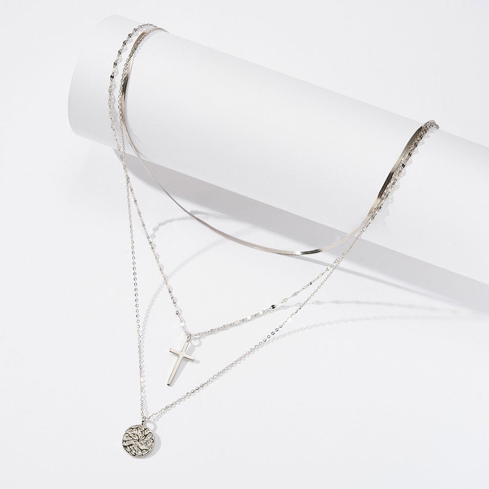 Gold Stainless Steel 3 Layer Stacked Necklace, Flat Snake Chain, Simple Cross Pendant & Engraved Round Coin Charm