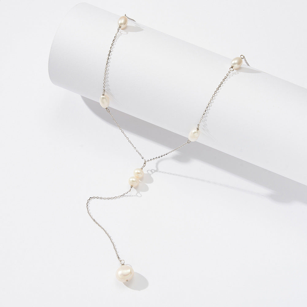 Gold Stainless Steel Baroque Pearl Y Lariat Necklace, Station Rice Pearl Thin Cable Chain with Multi Pearl Drop Pendant