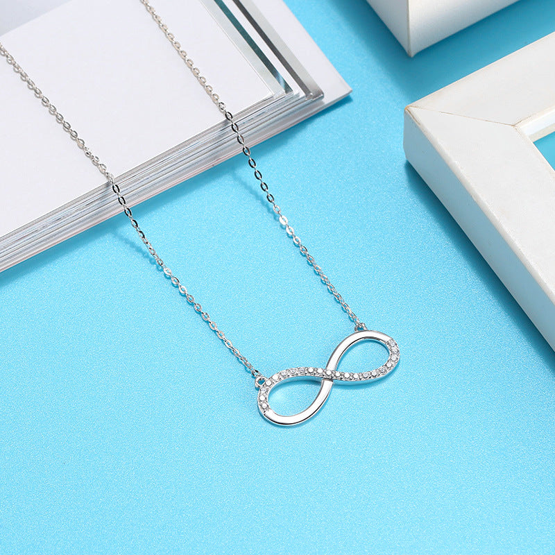 Silver Stainless Steel Infinity Symbol Necklace, Partial Pave Clear Cubic Zirconia Infinite Sign Rolo Chain Pendant