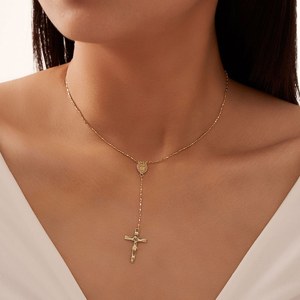 Gold Stainless Steel Rosary Y Lariat Necklace, Beaded Ball Chain with Oval Virgin Mary Medal and Jesus Crucifix Cross Pendant