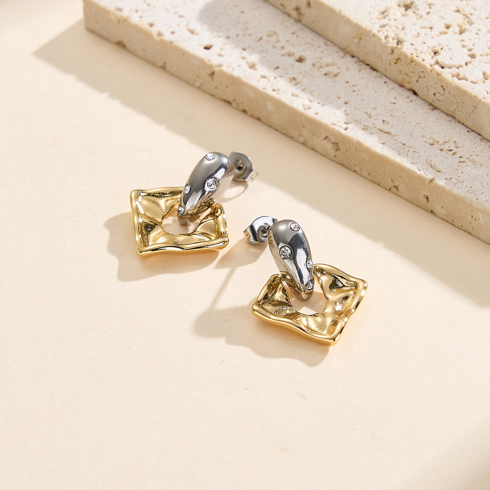 Two-Tone Stainless Steel Hammered Square Drop Earrings with Paved CZ Stones