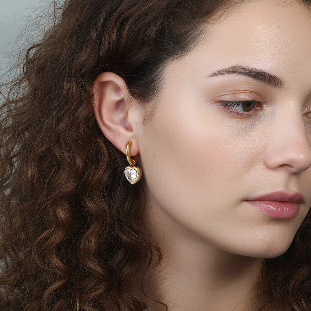 Gold Plated Stainless Steel Bezel Set Heart CZ Charm Huggie Hoop Earrings