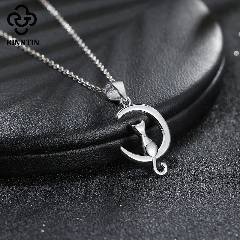 Silver Stainless Steel Cat On Crescent Moon Necklace, Polished Plain Cat Sitting On Curved Moon Charm Rolo Chain