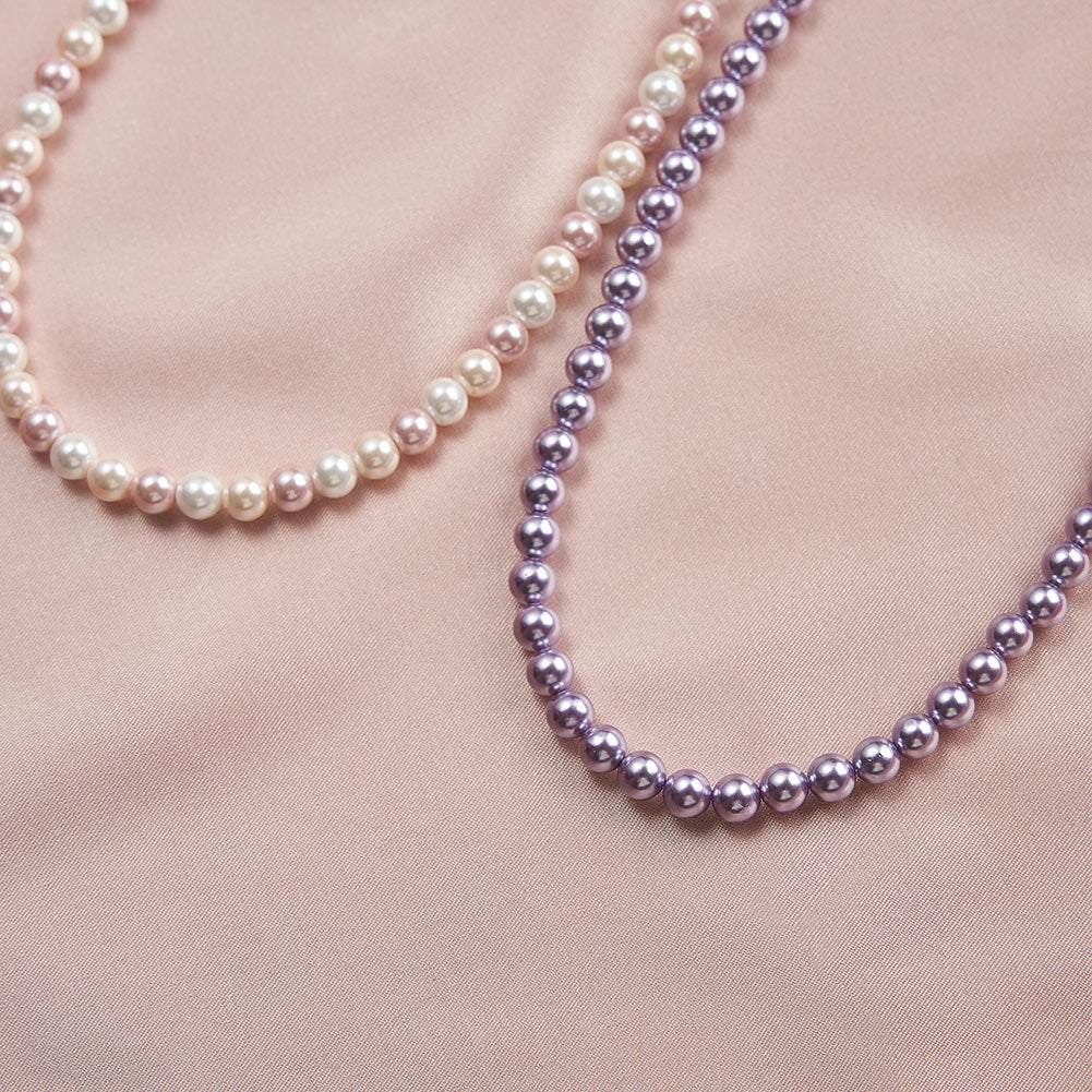 Purple Stainless Steel Round Pearl Strand Necklace, Smooth Lavender Pearl Beaded Adjustable Collar Necklace