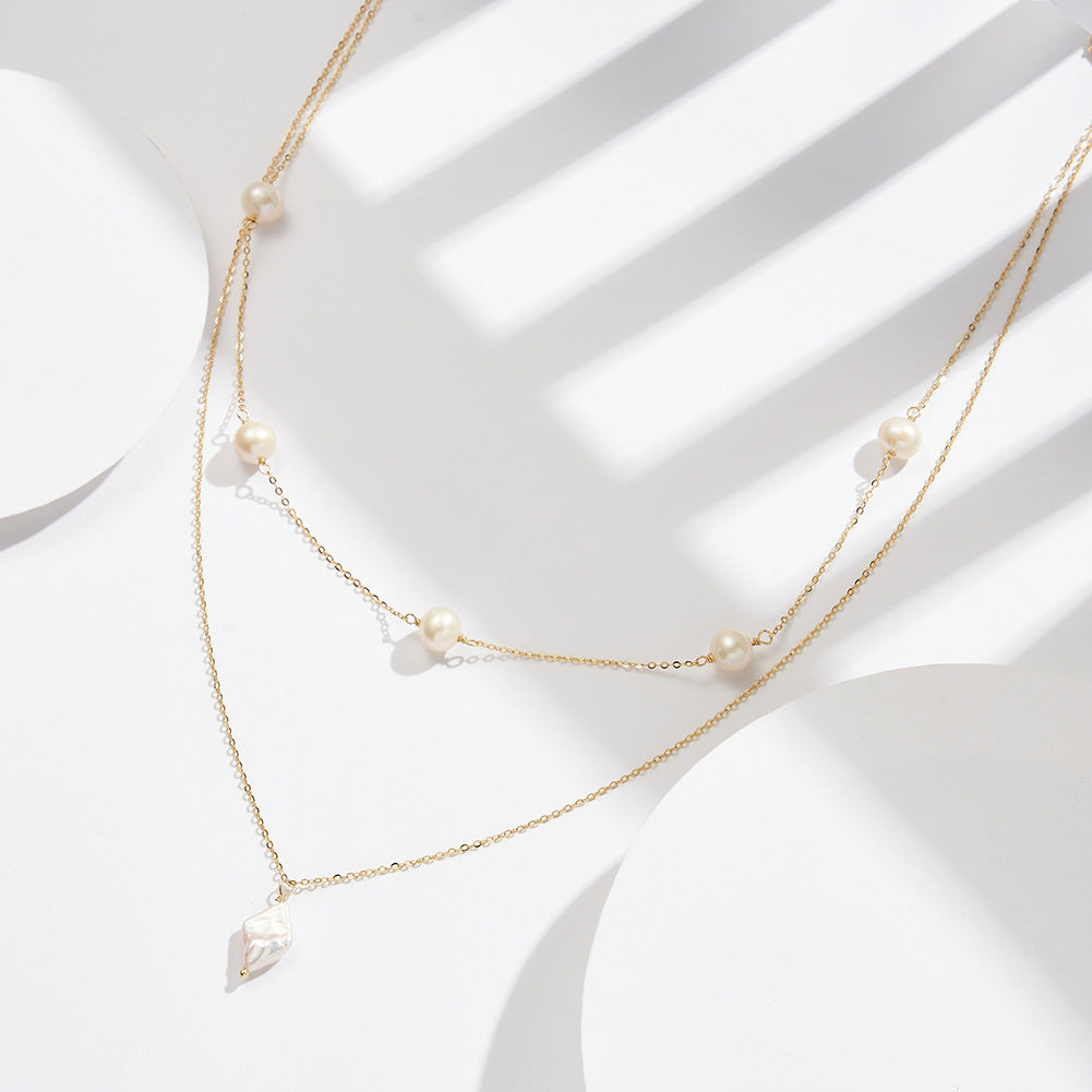 Gold Stainless Steel Double Layer Pearl Crystal Necklace, Freshwater Pearl Station Chain, Diamond Shape Clear Crystal Pendant