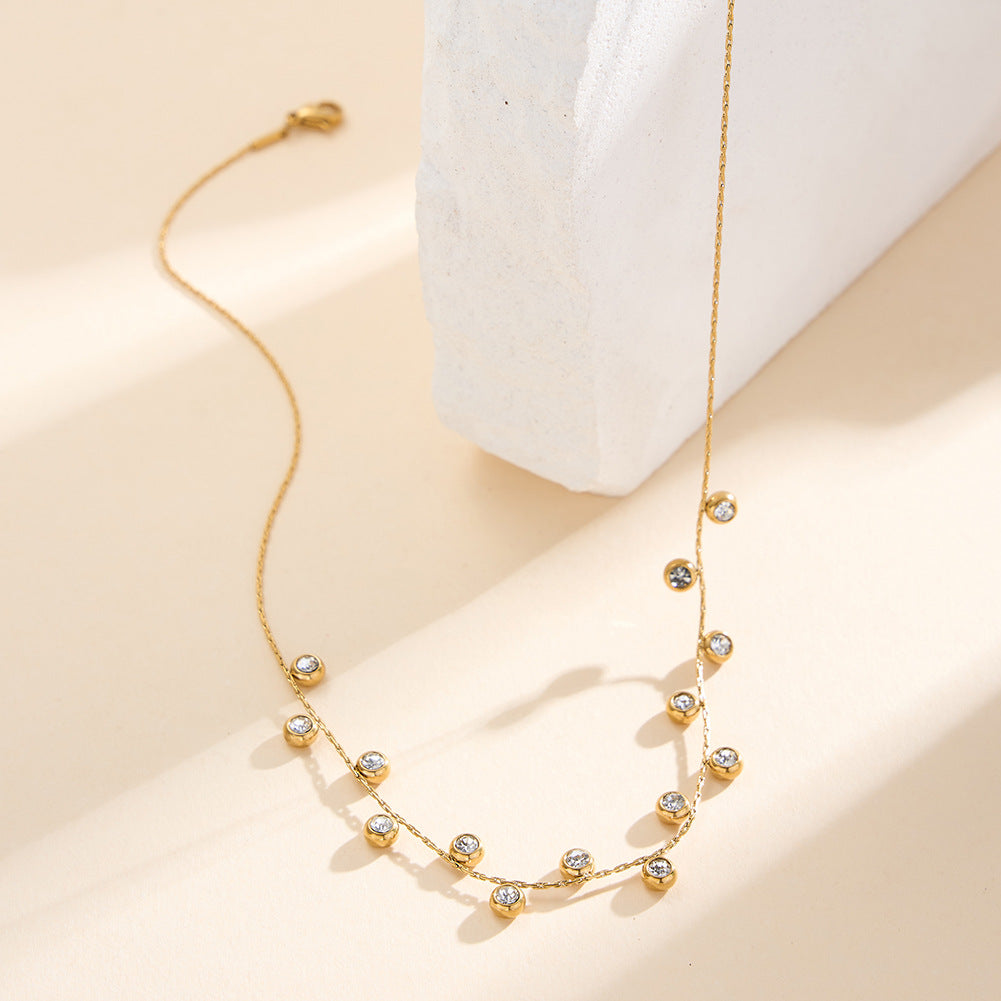 Gold Stainless Steel Bezel Set CZ Station Necklace, Round Cubic Zirconia Floating Dainty Cable Chain Necklace
