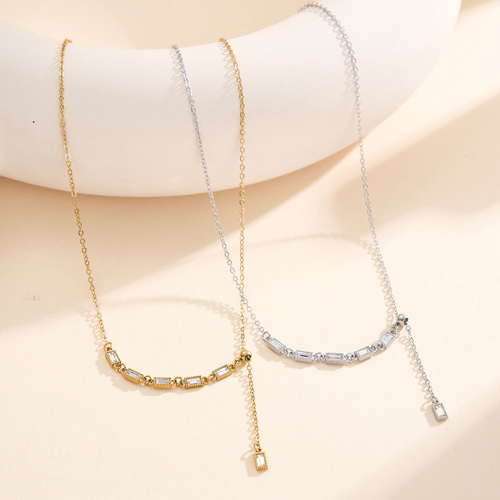 Gold Stainless Steel Baguette CZ Lariat Y Necklace, Vertical Rectangle Baguette Cut Zircon Station Adjustable Drop Chain