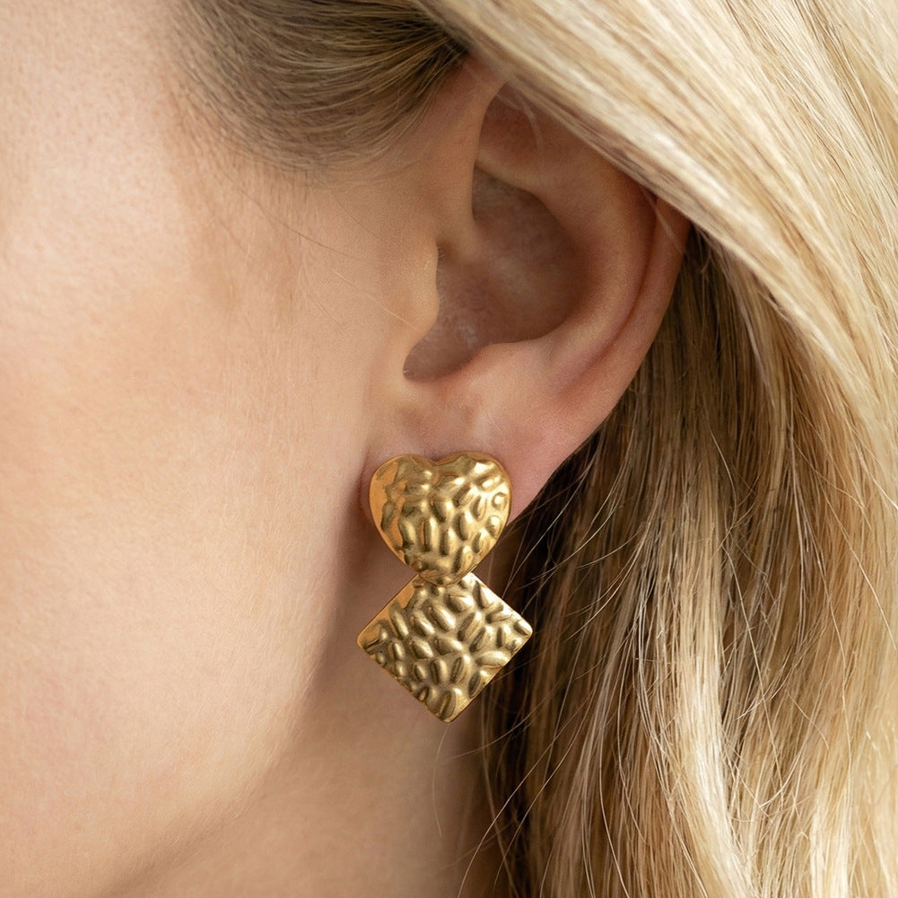 Gold Plated Stainless Steel Hammered Heart & Square Drop Stud Earrings
