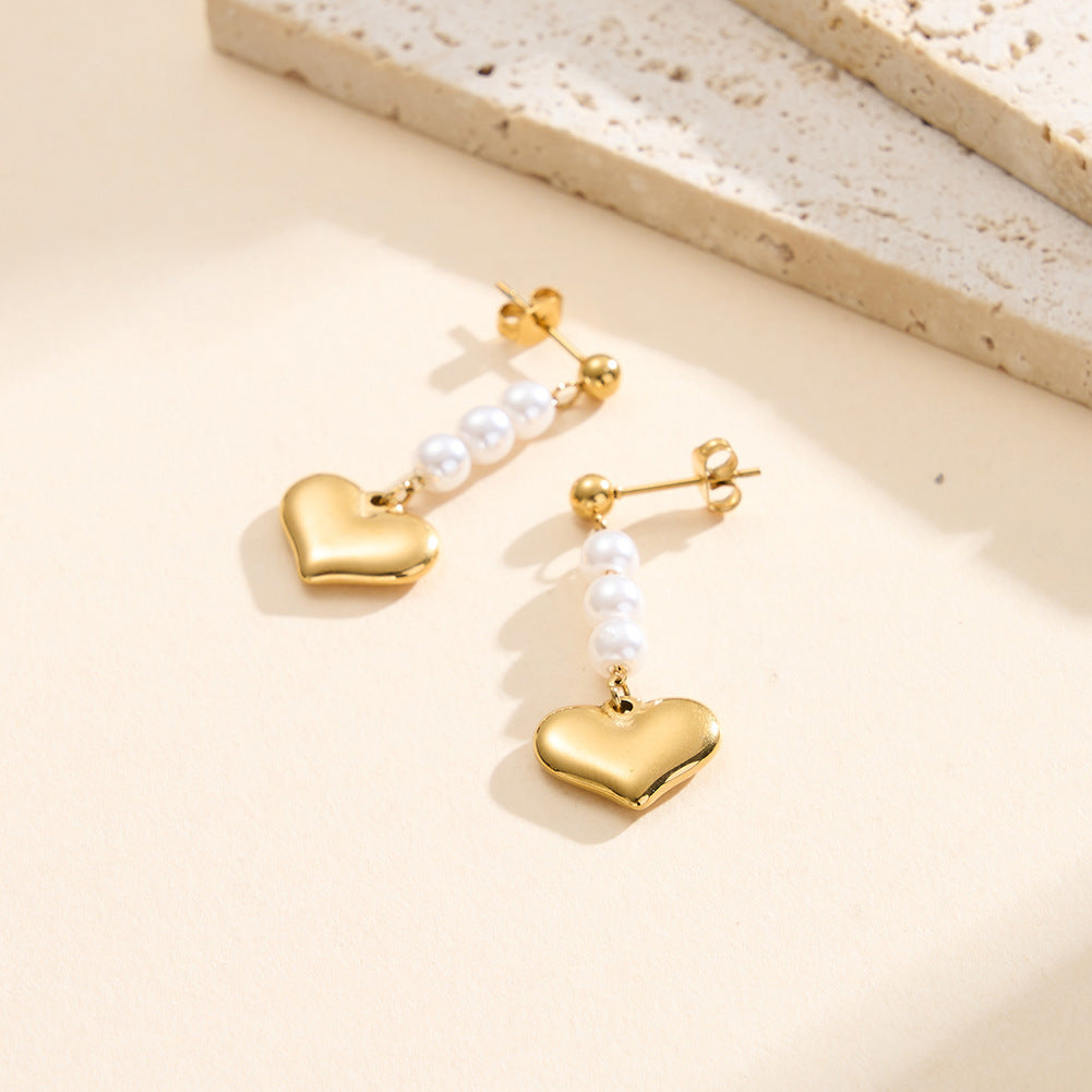 Silver Stainless Steel Dangle Earrings, Pearl Beads Chain with Chunky Polished Heart Charm
