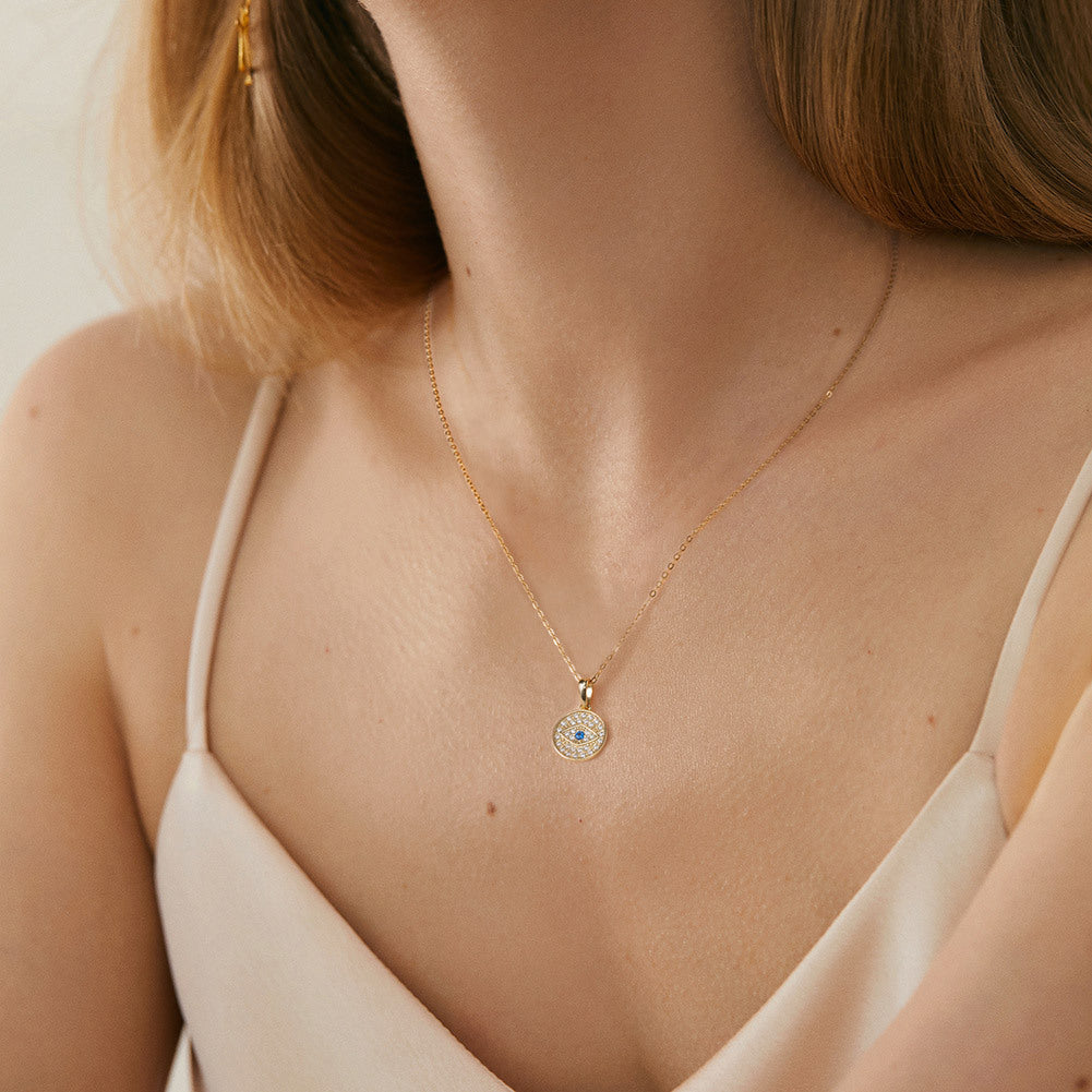 Gold Stainless Steel Evil Eye Round Coin Pendant Necklace, Paved Blue & White CZ Medallion Necklace
