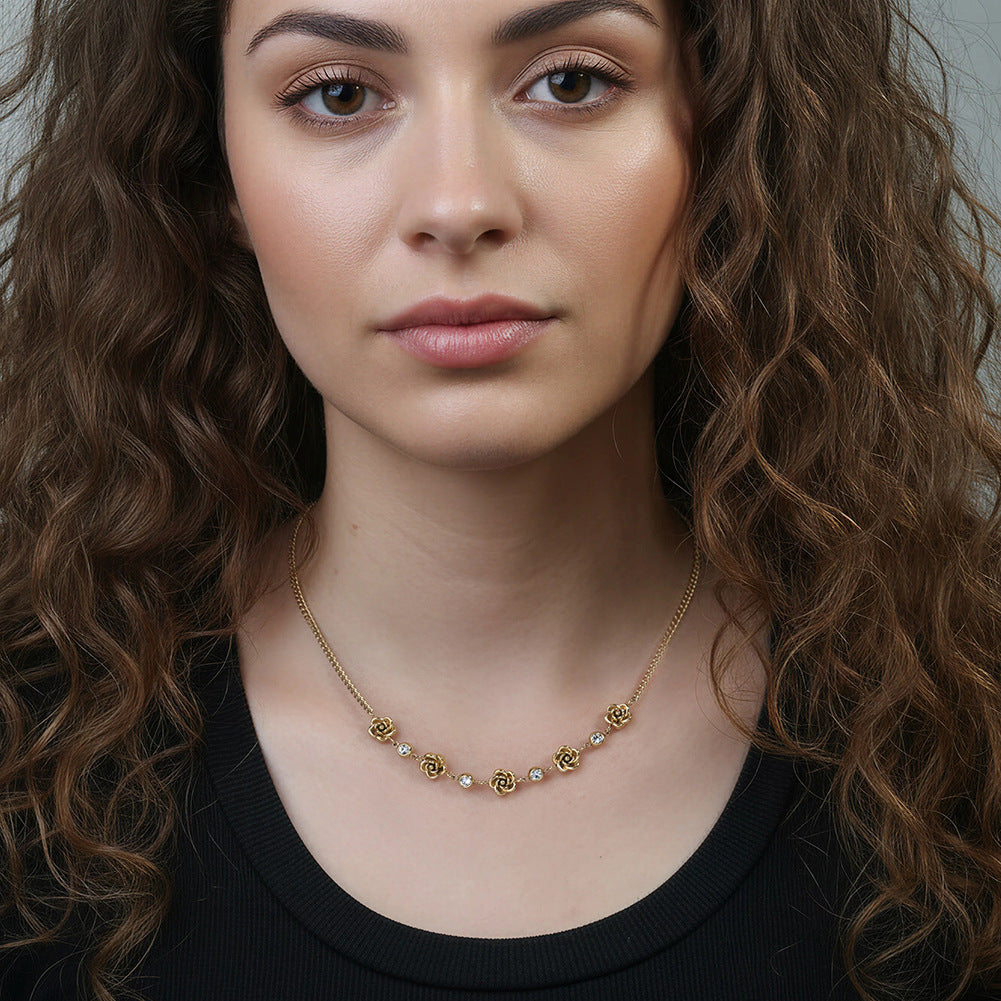 Silver Stainless Steel Rose Flower Station Necklace, 3D Sculpted Rose Charms with Bezel Set Round CZ Stones, Rolo Chain