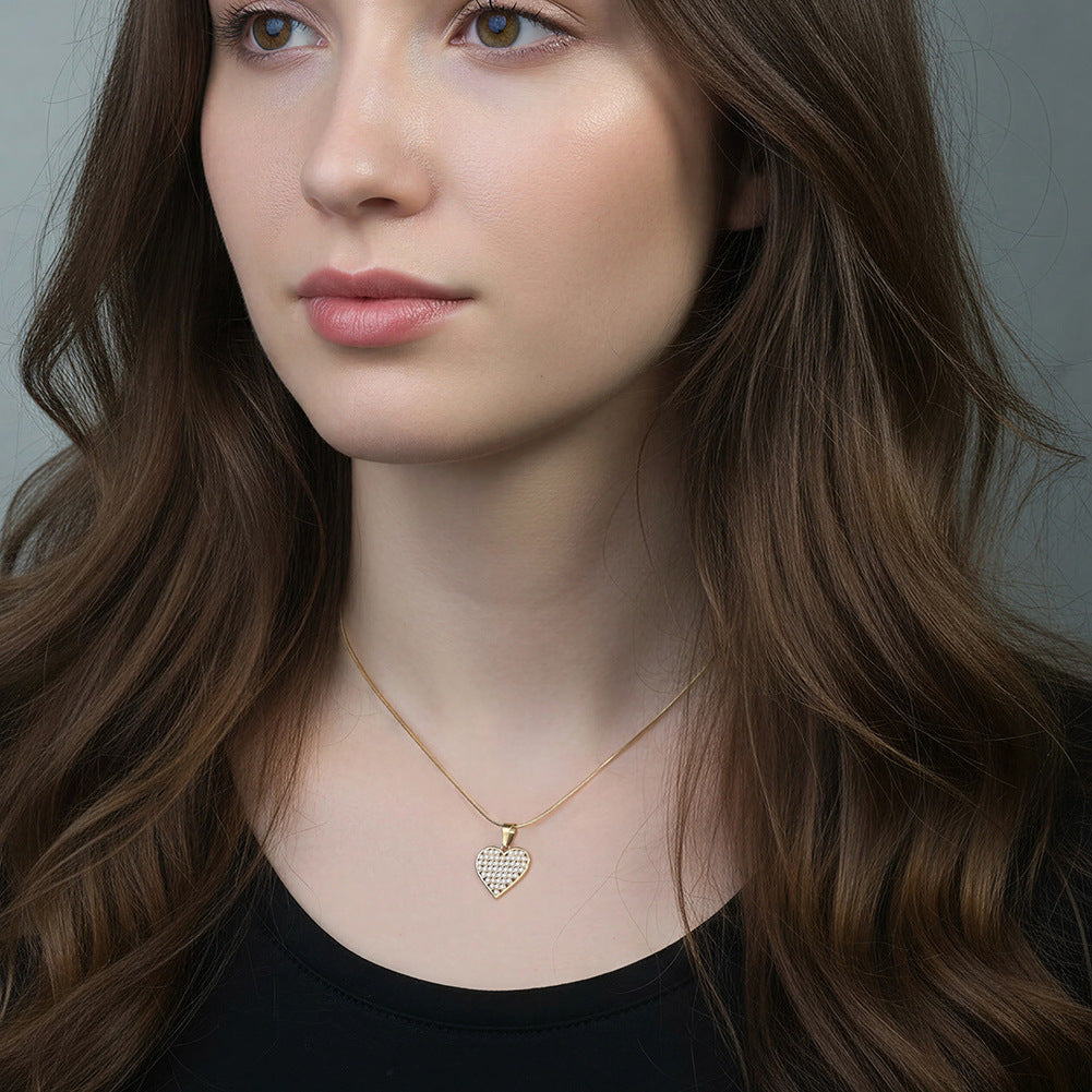 Gold Stainless Steel Snake Chain Necklace, Hollow Heart Pendant Inlaid with Mini White Pearl Beads